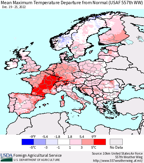 Europe Mean Maximum Temperature Departure from Normal (USAF 557th WW) Thematic Map For 12/19/2022 - 12/25/2022
