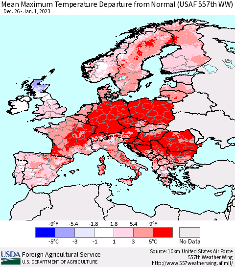 Europe Mean Maximum Temperature Departure from Normal (USAF 557th WW) Thematic Map For 12/26/2022 - 1/1/2023