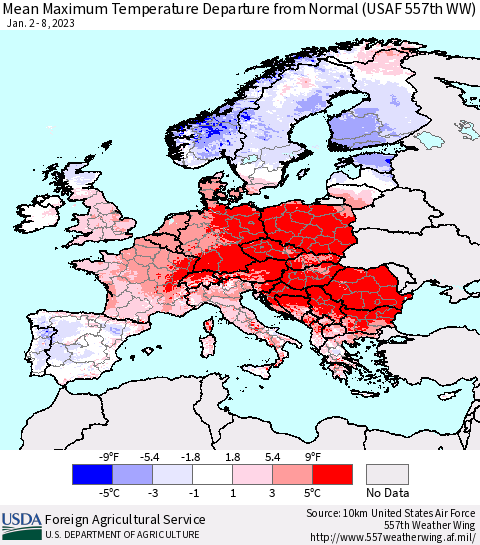 Europe Mean Maximum Temperature Departure from Normal (USAF 557th WW) Thematic Map For 1/2/2023 - 1/8/2023