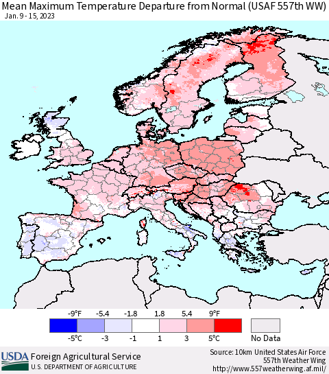 Europe Mean Maximum Temperature Departure from Normal (USAF 557th WW) Thematic Map For 1/9/2023 - 1/15/2023