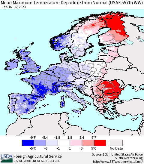 Europe Mean Maximum Temperature Departure from Normal (USAF 557th WW) Thematic Map For 1/16/2023 - 1/22/2023