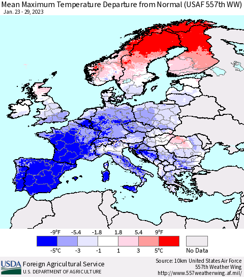 Europe Mean Maximum Temperature Departure from Normal (USAF 557th WW) Thematic Map For 1/23/2023 - 1/29/2023
