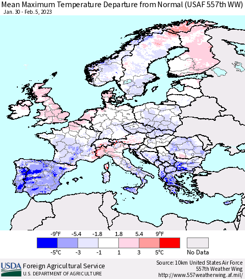 Europe Mean Maximum Temperature Departure from Normal (USAF 557th WW) Thematic Map For 1/30/2023 - 2/5/2023
