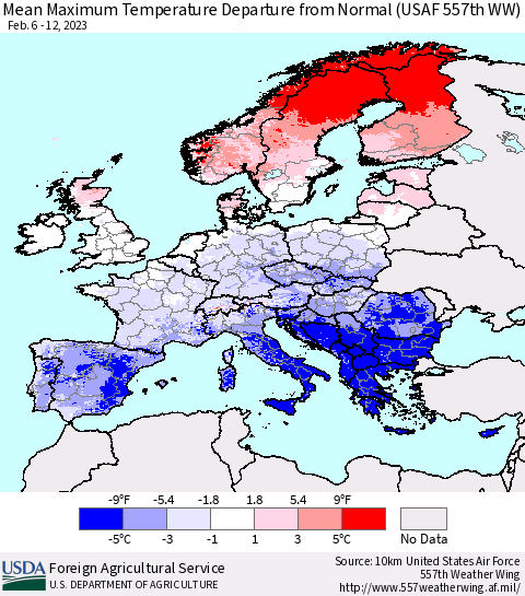 Europe Mean Maximum Temperature Departure from Normal (USAF 557th WW) Thematic Map For 2/6/2023 - 2/12/2023