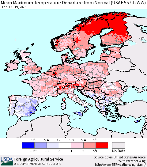 Europe Mean Maximum Temperature Departure from Normal (USAF 557th WW) Thematic Map For 2/13/2023 - 2/19/2023