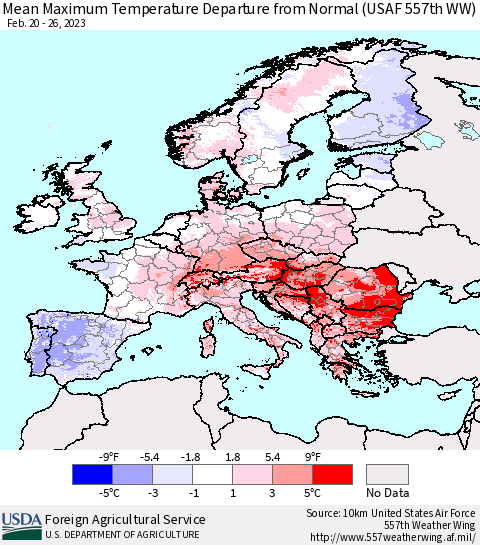 Europe Mean Maximum Temperature Departure from Normal (USAF 557th WW) Thematic Map For 2/20/2023 - 2/26/2023