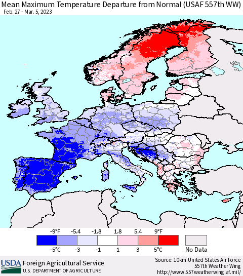 Europe Mean Maximum Temperature Departure from Normal (USAF 557th WW) Thematic Map For 2/27/2023 - 3/5/2023