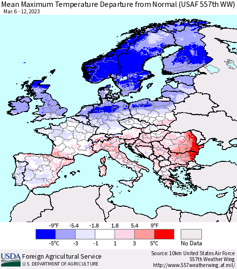 Europe Mean Maximum Temperature Departure from Normal (USAF 557th WW) Thematic Map For 3/6/2023 - 3/12/2023
