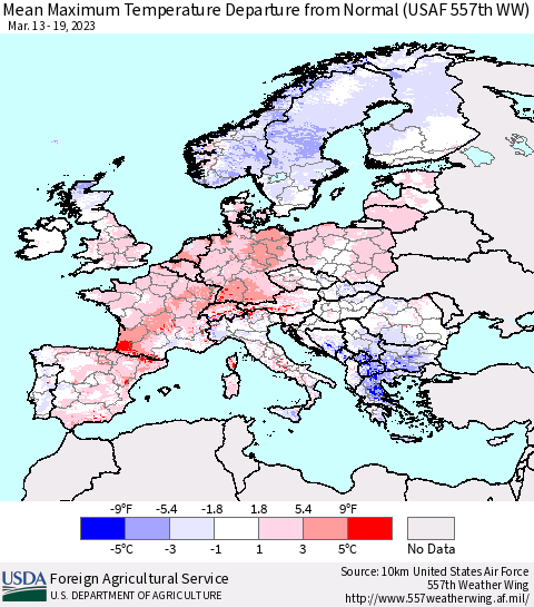 Europe Mean Maximum Temperature Departure from Normal (USAF 557th WW) Thematic Map For 3/13/2023 - 3/19/2023
