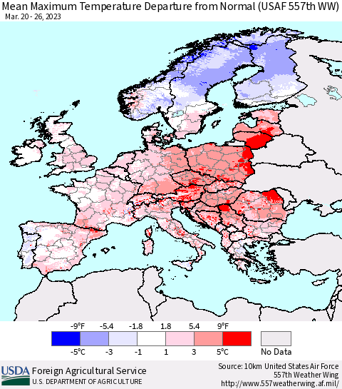 Europe Mean Maximum Temperature Departure from Normal (USAF 557th WW) Thematic Map For 3/20/2023 - 3/26/2023