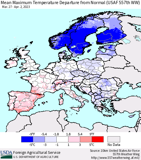 Europe Mean Maximum Temperature Departure from Normal (USAF 557th WW) Thematic Map For 3/27/2023 - 4/2/2023