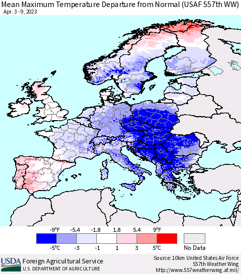Europe Mean Maximum Temperature Departure from Normal (USAF 557th WW) Thematic Map For 4/3/2023 - 4/9/2023