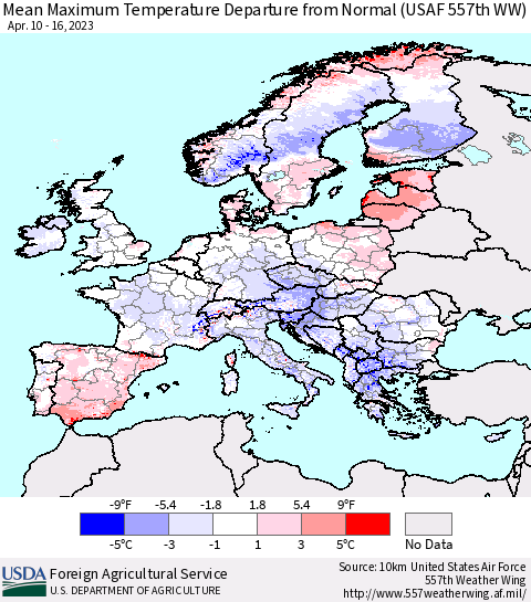 Europe Mean Maximum Temperature Departure from Normal (USAF 557th WW) Thematic Map For 4/10/2023 - 4/16/2023