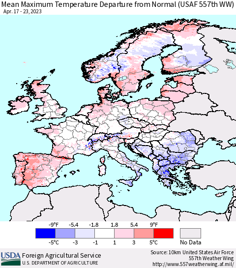 Europe Mean Maximum Temperature Departure from Normal (USAF 557th WW) Thematic Map For 4/17/2023 - 4/23/2023