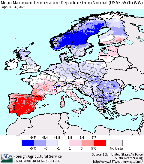 Europe Mean Maximum Temperature Departure from Normal (USAF 557th WW) Thematic Map For 4/24/2023 - 4/30/2023