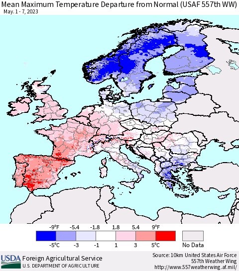 Europe Mean Maximum Temperature Departure from Normal (USAF 557th WW) Thematic Map For 5/1/2023 - 5/7/2023