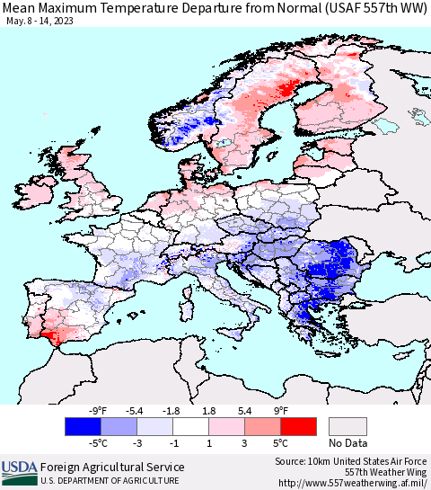 Europe Mean Maximum Temperature Departure from Normal (USAF 557th WW) Thematic Map For 5/8/2023 - 5/14/2023