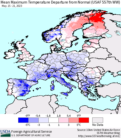 Europe Mean Maximum Temperature Departure from Normal (USAF 557th WW) Thematic Map For 5/15/2023 - 5/21/2023