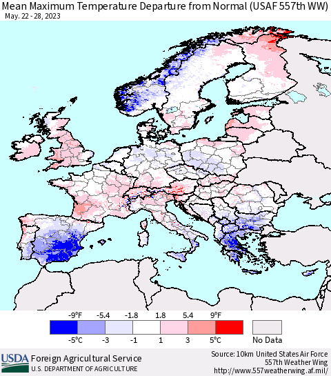 Europe Mean Maximum Temperature Departure from Normal (USAF 557th WW) Thematic Map For 5/22/2023 - 5/28/2023