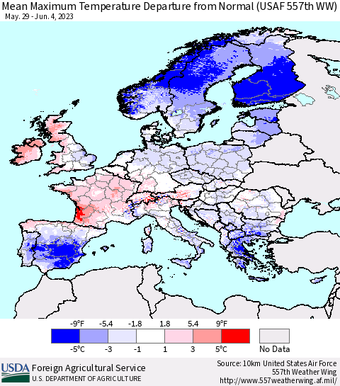 Europe Mean Maximum Temperature Departure from Normal (USAF 557th WW) Thematic Map For 5/29/2023 - 6/4/2023