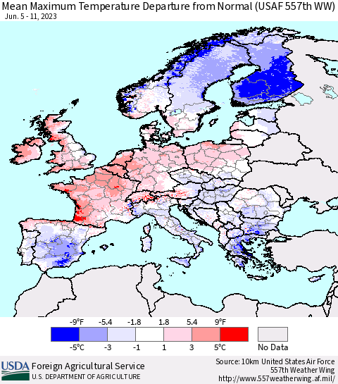 Europe Mean Maximum Temperature Departure from Normal (USAF 557th WW) Thematic Map For 6/5/2023 - 6/11/2023