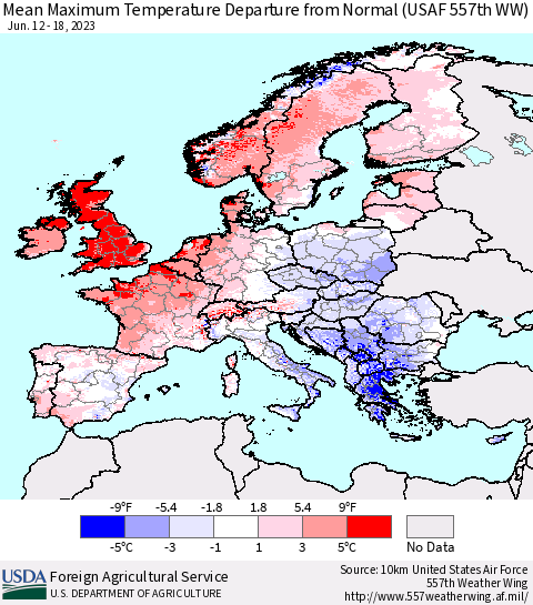 Europe Mean Maximum Temperature Departure from Normal (USAF 557th WW) Thematic Map For 6/12/2023 - 6/18/2023