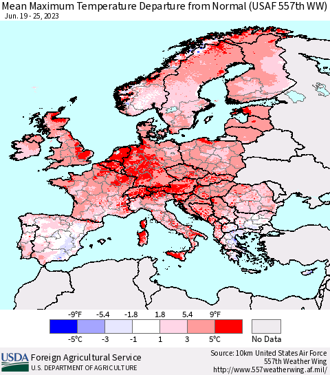 Europe Mean Maximum Temperature Departure from Normal (USAF 557th WW) Thematic Map For 6/19/2023 - 6/25/2023