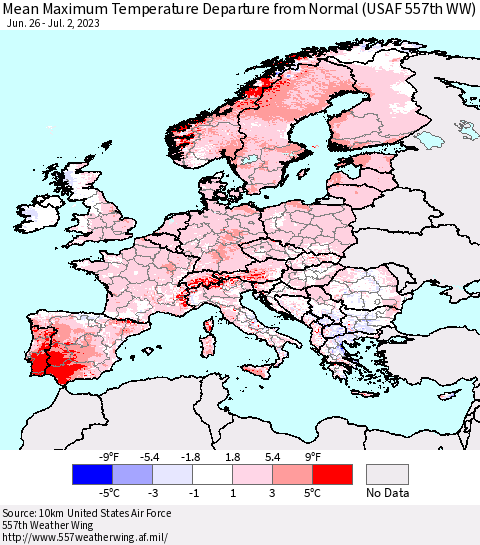 Europe Mean Maximum Temperature Departure from Normal (USAF 557th WW) Thematic Map For 6/26/2023 - 7/2/2023