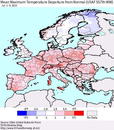 Europe Mean Maximum Temperature Departure from Normal (USAF 557th WW) Thematic Map For 7/3/2023 - 7/9/2023