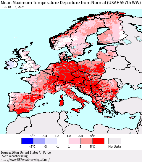Europe Mean Maximum Temperature Departure from Normal (USAF 557th WW) Thematic Map For 7/10/2023 - 7/16/2023