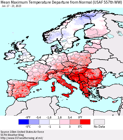 Europe Mean Maximum Temperature Departure from Normal (USAF 557th WW) Thematic Map For 7/17/2023 - 7/23/2023