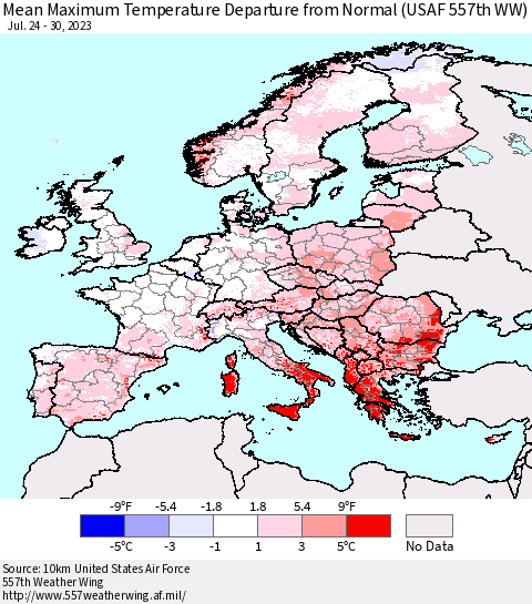 Europe Mean Maximum Temperature Departure from Normal (USAF 557th WW) Thematic Map For 7/24/2023 - 7/30/2023
