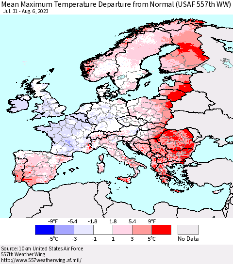 Europe Mean Maximum Temperature Departure from Normal (USAF 557th WW) Thematic Map For 7/31/2023 - 8/6/2023