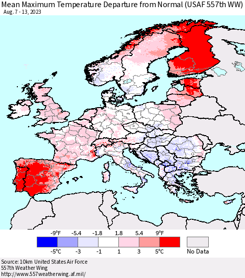 Europe Mean Maximum Temperature Departure from Normal (USAF 557th WW) Thematic Map For 8/7/2023 - 8/13/2023