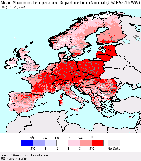 Europe Mean Maximum Temperature Departure from Normal (USAF 557th WW) Thematic Map For 8/14/2023 - 8/20/2023