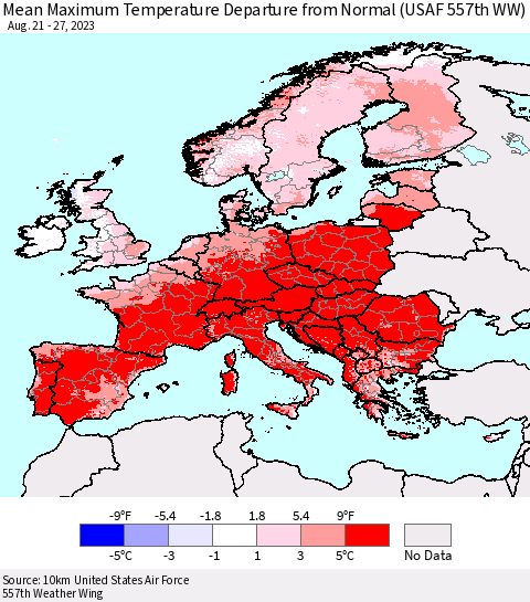 Europe Mean Maximum Temperature Departure from Normal (USAF 557th WW) Thematic Map For 8/21/2023 - 8/27/2023
