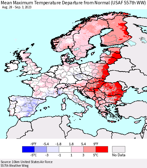 Europe Mean Maximum Temperature Departure from Normal (USAF 557th WW) Thematic Map For 8/28/2023 - 9/3/2023