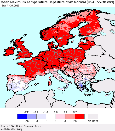 Europe Mean Maximum Temperature Departure from Normal (USAF 557th WW) Thematic Map For 9/4/2023 - 9/10/2023