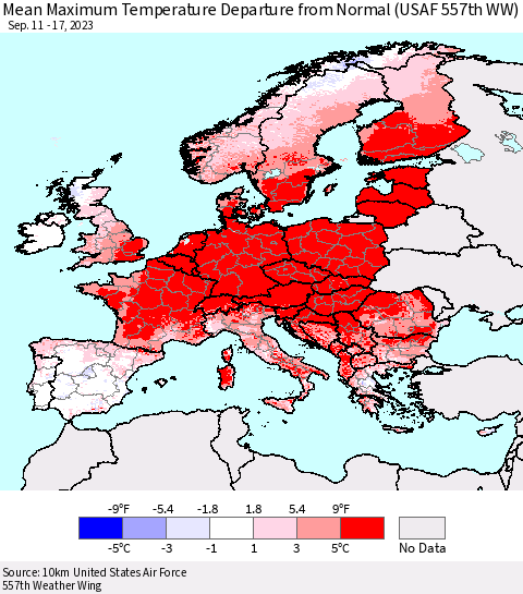 Europe Mean Maximum Temperature Departure from Normal (USAF 557th WW) Thematic Map For 9/11/2023 - 9/17/2023