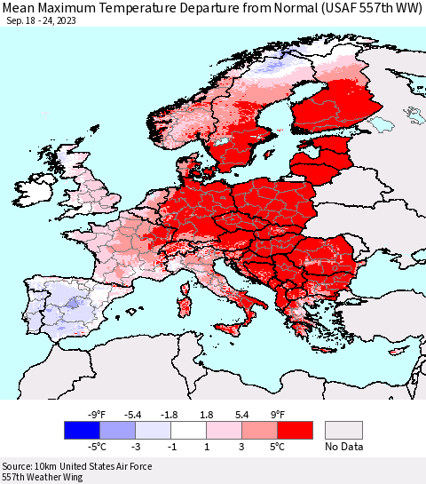 Europe Mean Maximum Temperature Departure from Normal (USAF 557th WW) Thematic Map For 9/18/2023 - 9/24/2023