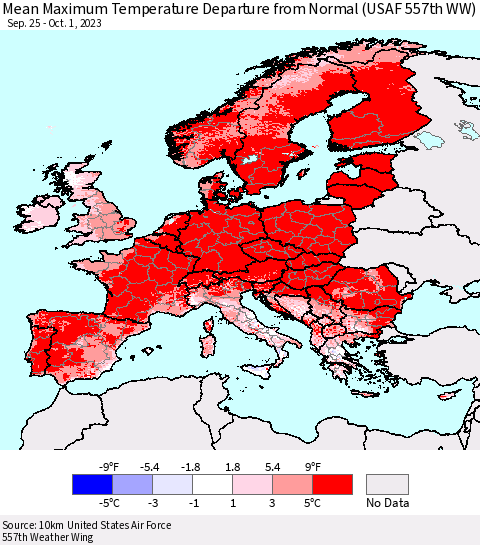 Europe Mean Maximum Temperature Departure from Normal (USAF 557th WW) Thematic Map For 9/25/2023 - 10/1/2023