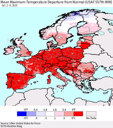 Europe Mean Maximum Temperature Departure from Normal (USAF 557th WW) Thematic Map For 10/2/2023 - 10/8/2023