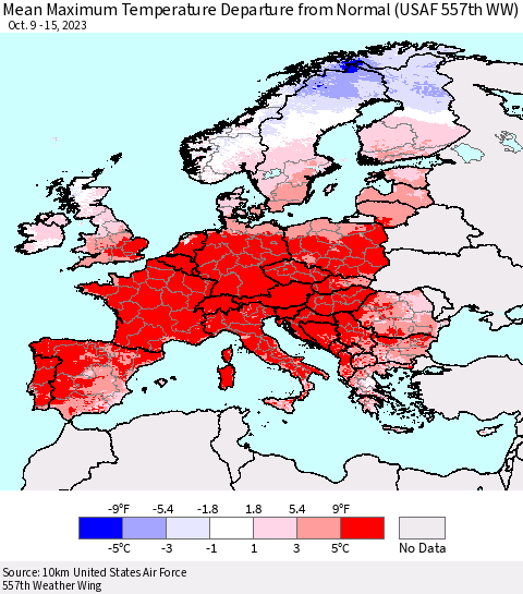 Europe Mean Maximum Temperature Departure from Normal (USAF 557th WW) Thematic Map For 10/9/2023 - 10/15/2023