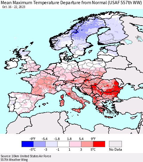 Europe Mean Maximum Temperature Departure from Normal (USAF 557th WW) Thematic Map For 10/16/2023 - 10/22/2023