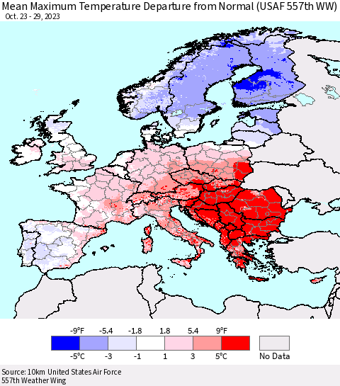 Europe Mean Maximum Temperature Departure from Normal (USAF 557th WW) Thematic Map For 10/23/2023 - 10/29/2023
