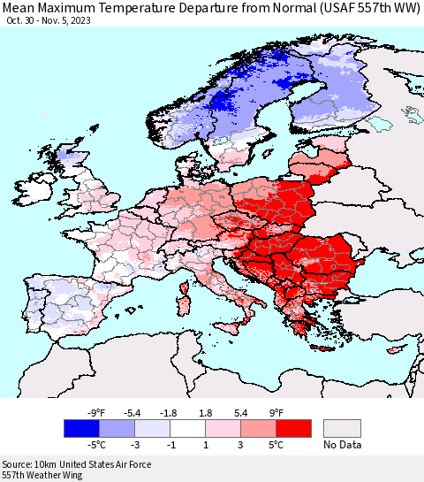 Europe Mean Maximum Temperature Departure from Normal (USAF 557th WW) Thematic Map For 10/30/2023 - 11/5/2023