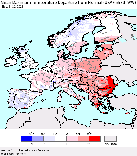 Europe Mean Maximum Temperature Departure from Normal (USAF 557th WW) Thematic Map For 11/6/2023 - 11/12/2023