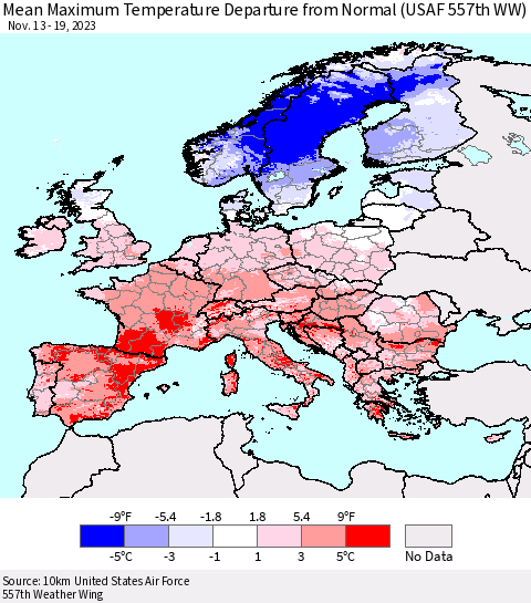 Europe Mean Maximum Temperature Departure from Normal (USAF 557th WW) Thematic Map For 11/13/2023 - 11/19/2023