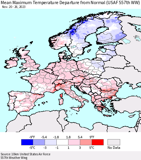 Europe Mean Maximum Temperature Departure from Normal (USAF 557th WW) Thematic Map For 11/20/2023 - 11/26/2023