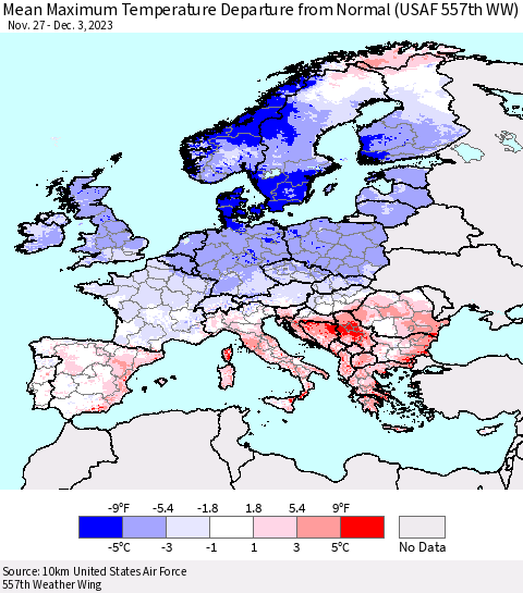 Europe Mean Maximum Temperature Departure from Normal (USAF 557th WW) Thematic Map For 11/27/2023 - 12/3/2023